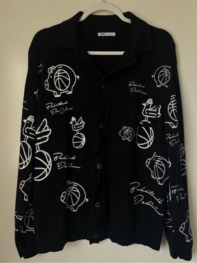 Zara Black Cardigan with White Graphic Pigs and Basketballs